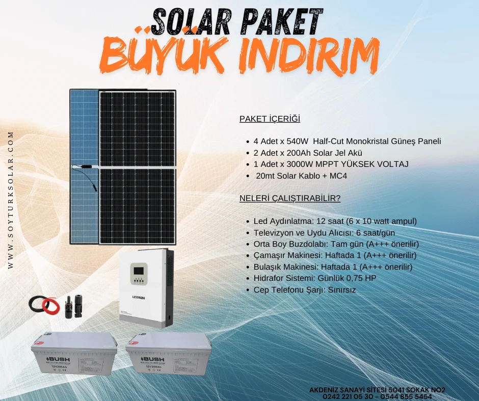 2kW Güneş Enerjisi Paketi Hazır Güneş Enerjisi 200Ah Jel Akü 540W Güneş Paneli - Görsel 2